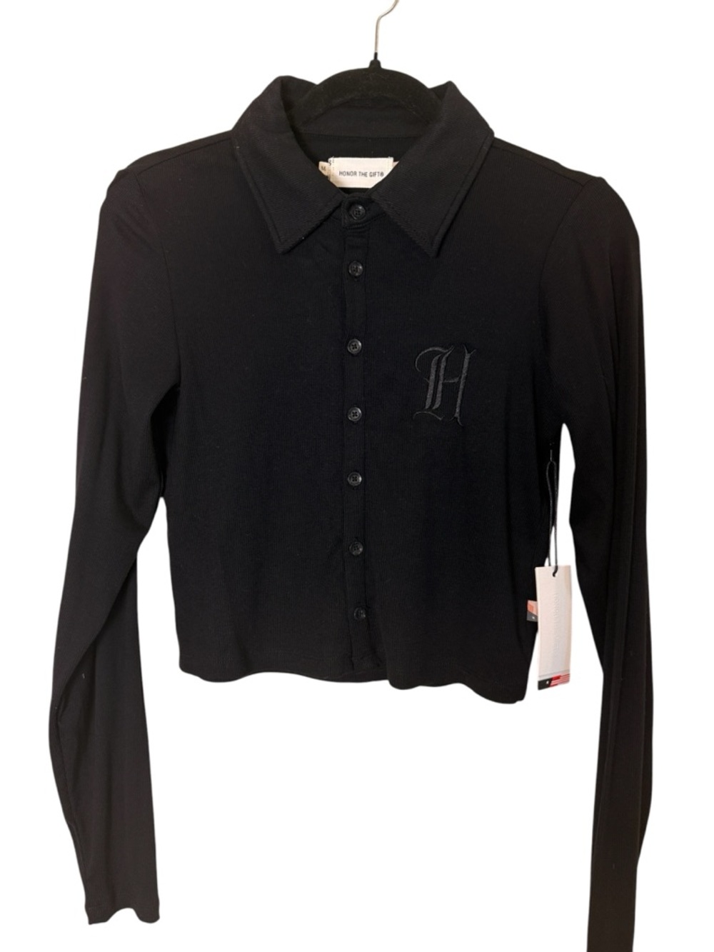 Honor the Gift Women’s Y2K Inspired Black Long-Sleeve Button Front Baby Crop Top